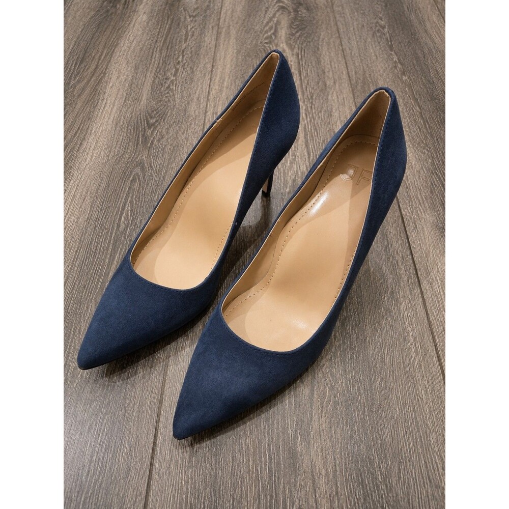 JF Womens 5.5 Navy Blue Pointed Toe Heels Suede Look Dress Pumps